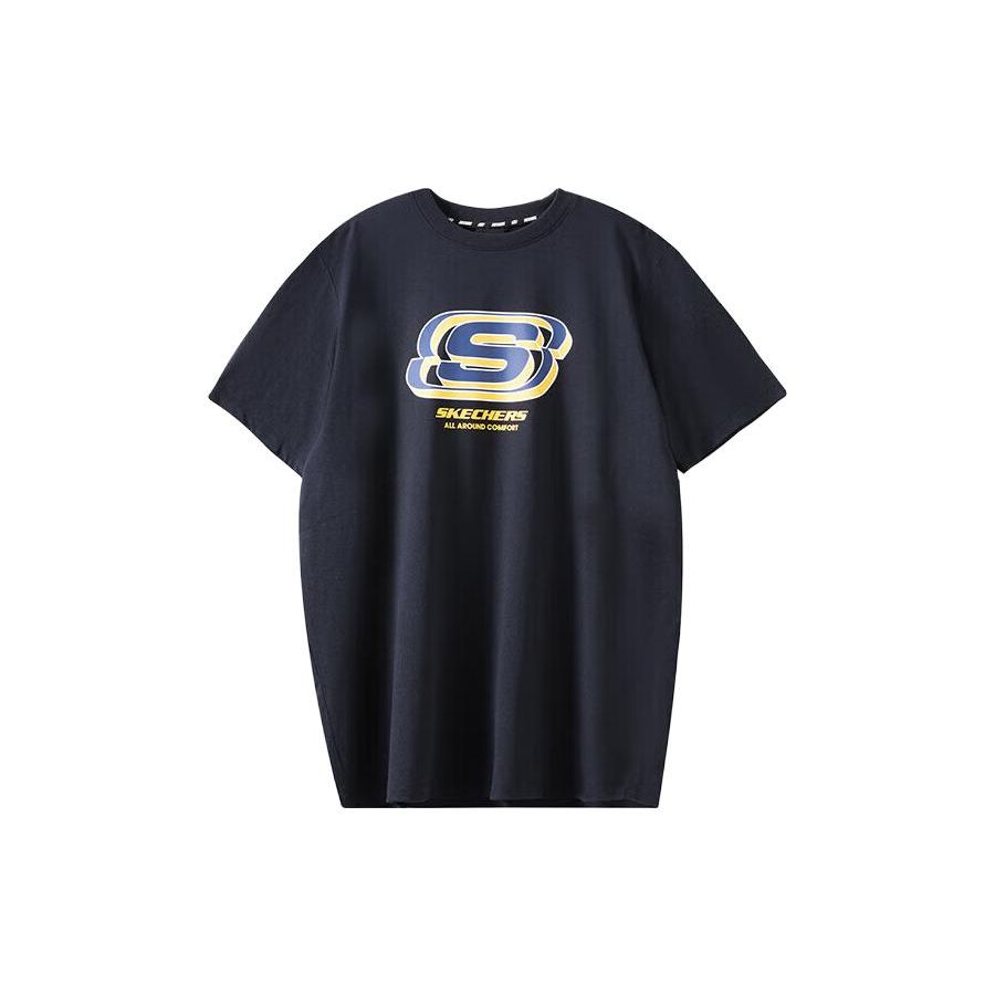 Skechers Яркая Повседневная Серия Вязаная Повседневная Футболка с Круглым Вырезом и Коротким Рукавом Унисекс Топы Угольно-Черный L223U184-0018 L