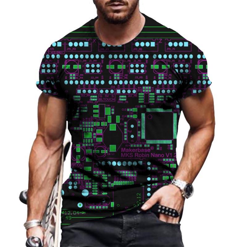Summer Round Neck 3D Circuit Board Print T-shirts Fashionable Casual Short Sleeved Men's T-shirts