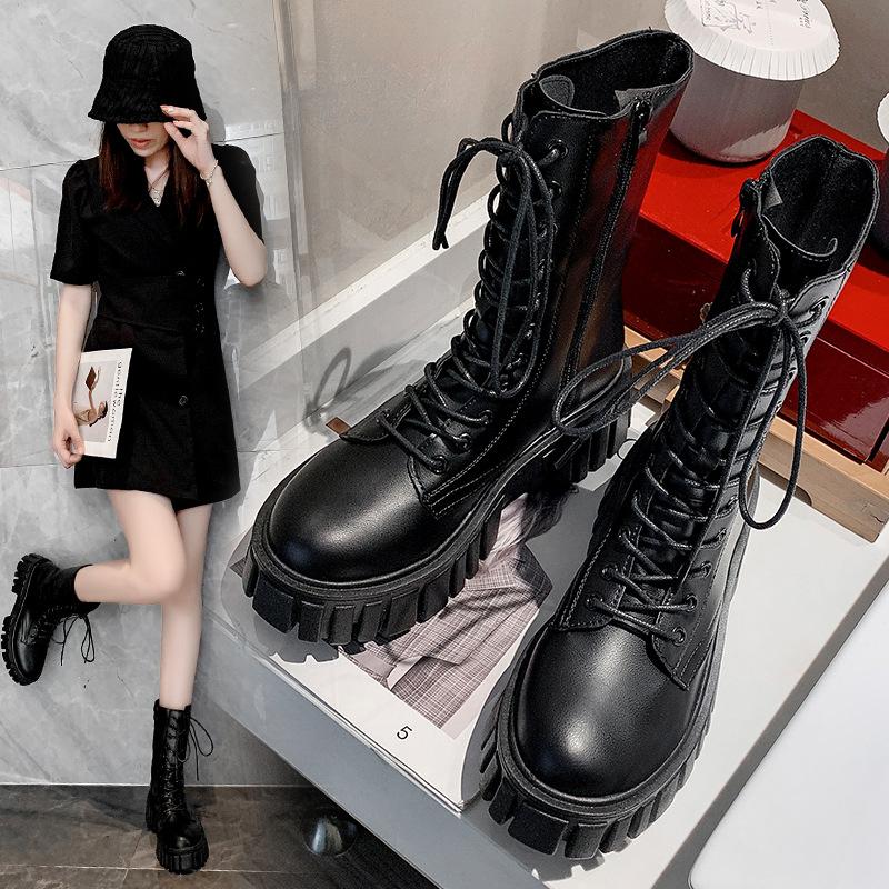 2026 Autumn/Winter New Women's Sponge Bottom Lace Up Middle Boots Women's European and American Side Zipper Thick Bottom Boots