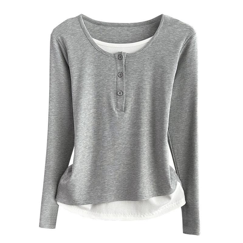 Fake Two-Piece Long Sleeve T-Shirt Loose Slim Base Top For Early Autumn Stretchy Slim Base Layer Soft Ribbed Fabric Good For Inner And Outer Wear Top