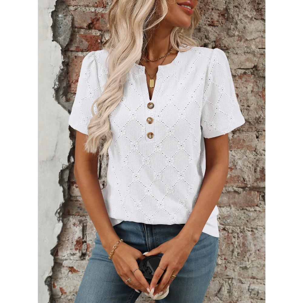 Ny sommer topp med rund hals og korte ermer med blomsterjacquard og knapper for kvinner