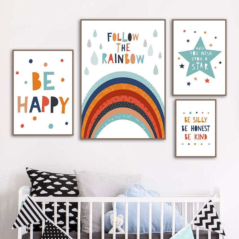 Stella Arcobaleno Numero Alfabeto Citazione Asilo Cartoni Animati Arte da Parete Pittura su Tela Poster e Stampe Immagini per Decorazione Stanza Bambini