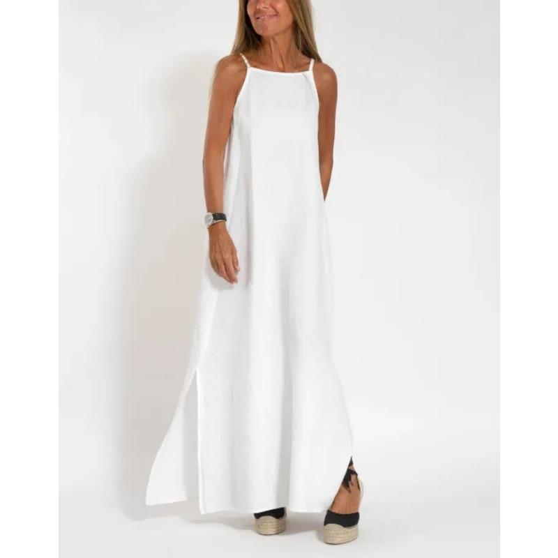 

Fashion Casual Elegant Sleeveless Women Summer Split Suspender Dress Loose Simple Solid Color A-line Maxi Long Dresses Female Clothing S білий