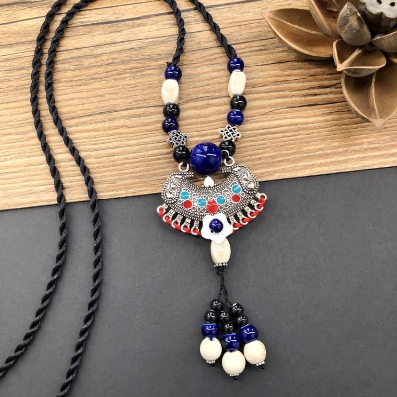 Retro literarische Baumwolle und Leinen Keramikkette, vielseitige lange Pulloverkette für Damen mit Quastenanhänger-Accessoires