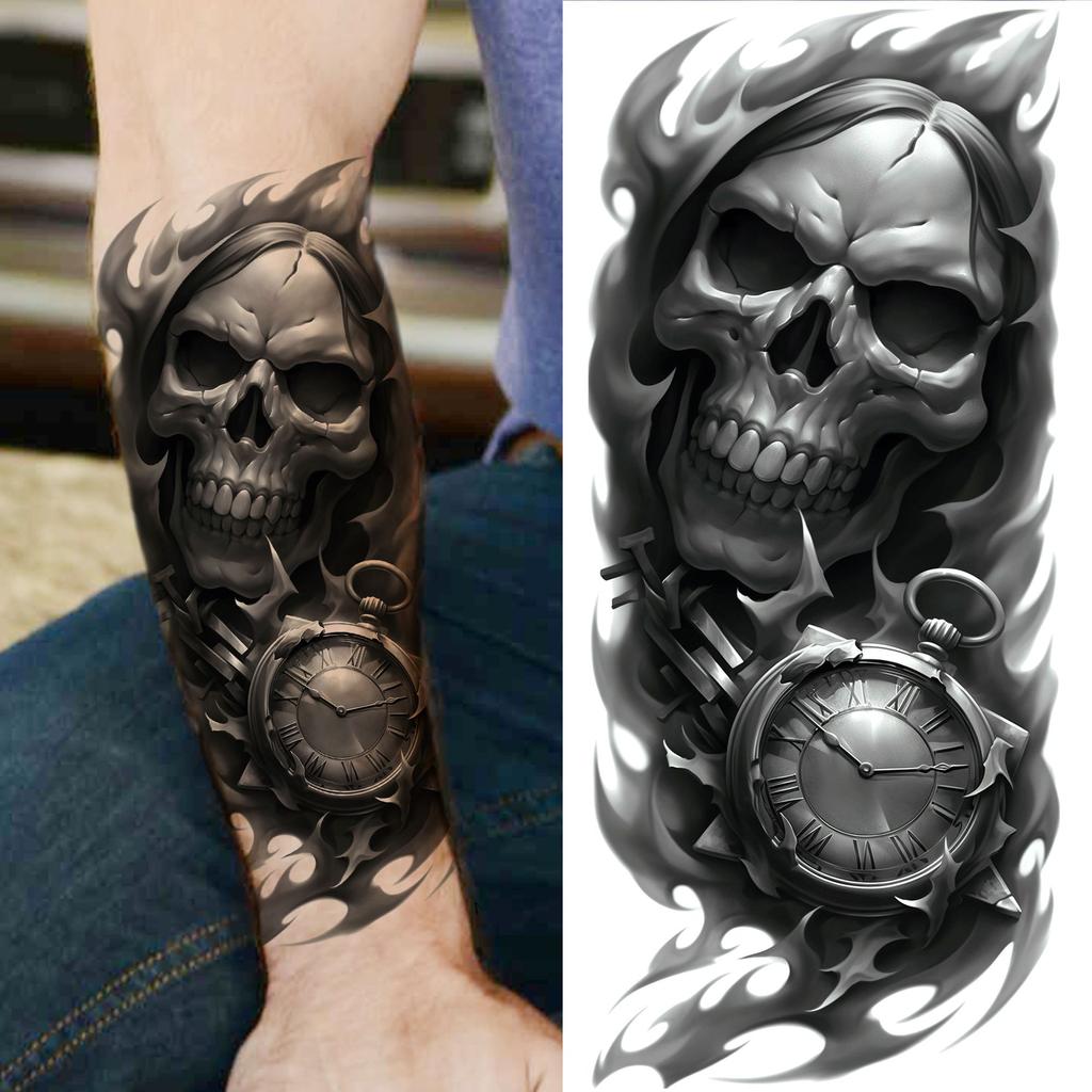1 Blatt Gruseliger Sensenmann Totenkopf Temporäre Tattoos Halloween Tattoos Langlebig Wasserdicht Tiger Wolf Bestie Fake Tattoo Aufkleber