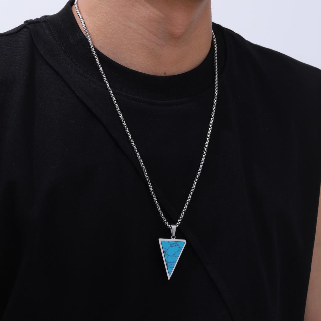 Inverted Triangle Pendant Necklace for Men Boys,Nature Stone Stainless Steel Necklaces,Hiphop Rap Man Jewelry Accessories
