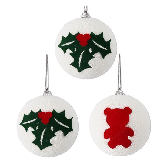 Christmas Ball Ornaments White Foam Balls with Leaf/Bear Pattern Xmas Tree Hanging Ornaments for Holiday Home Tree Decor