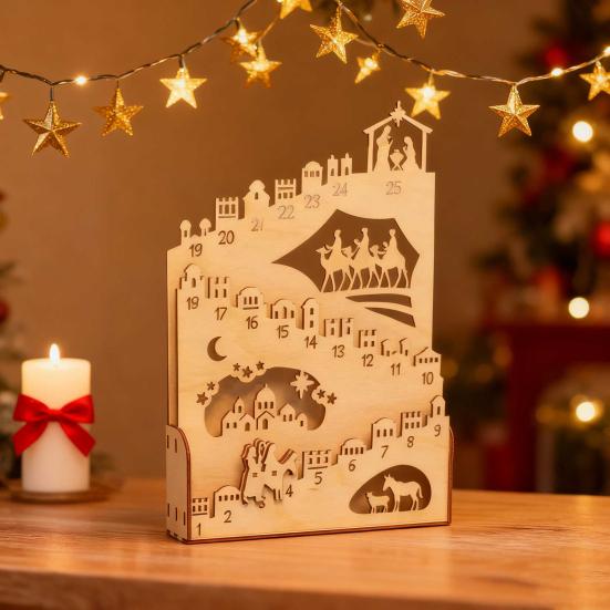 Nativity Advent Calendar Rustic Wooden Christmas Countdown Calendar Light-Up Tabletop Xmas Centerpiece for Cabinet Desk Shelf Mantel Decoration