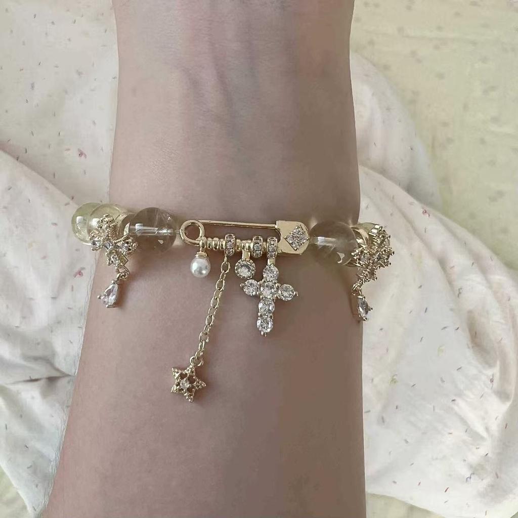 Premium Lace Bow Bracelet Niche Light Luxury Full Diamond Pin Buckle Cross Meteor Artificial Pearl Bracelet