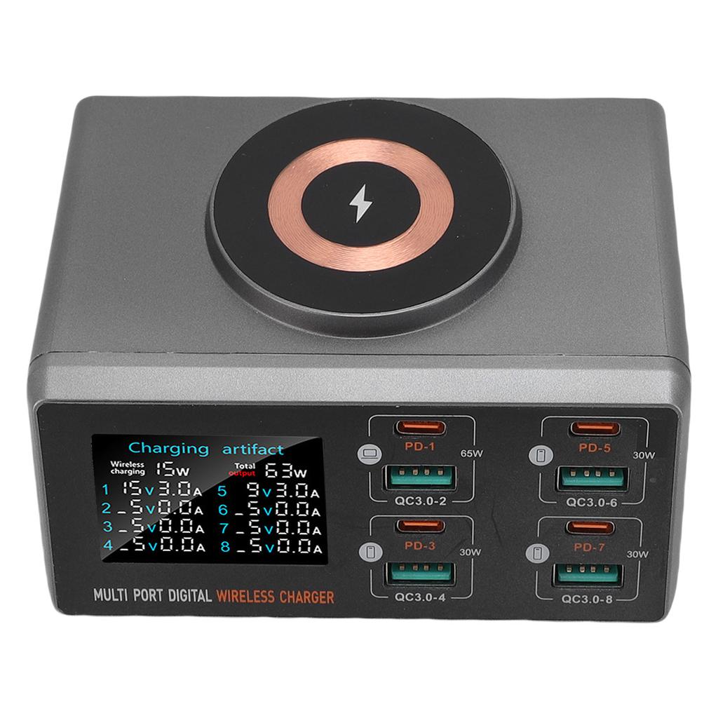 Desktop Charger LCD Color Screen PD Multi Port Charging Station with 15W Magnetic Wireless Charging