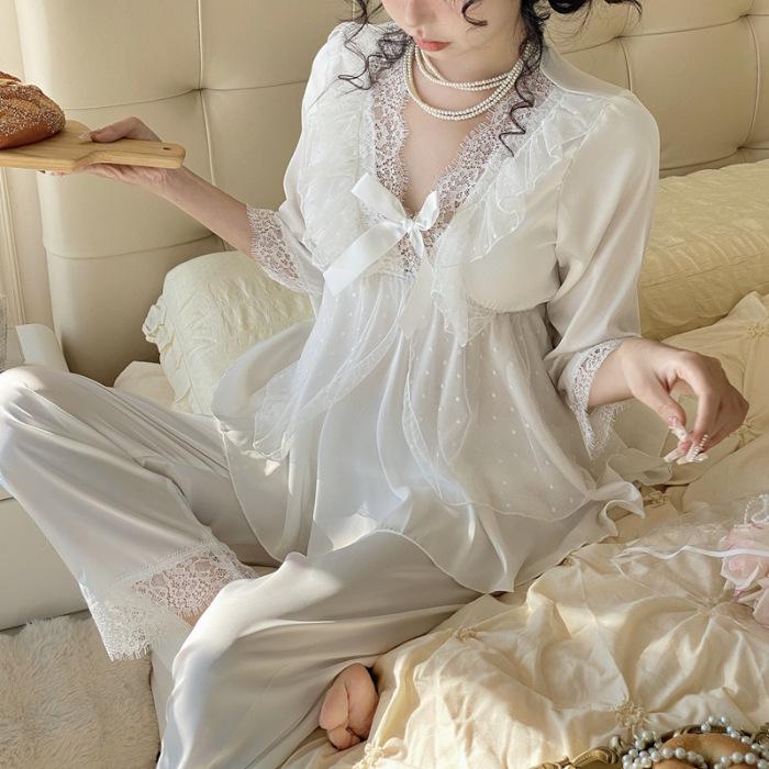 "Letní pyžamový set z ledového hedvábí": Dámský top s 3/4 rukávem a kalhoty se saténovou krajkou, princeznovský styl"