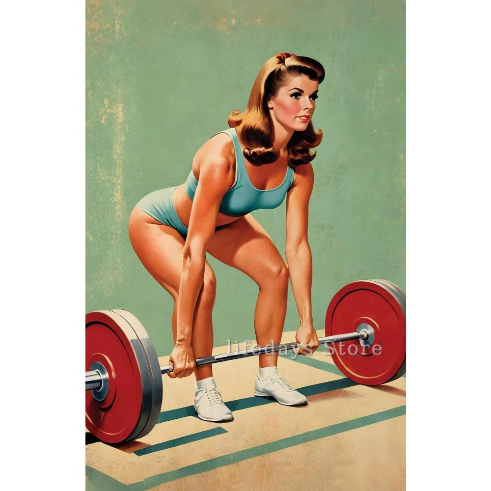 Poster and Print Canvas Painting Body Building Weightlifting Wall Art Picture for Gym Room Decor Retro Girl Exercise Fitness