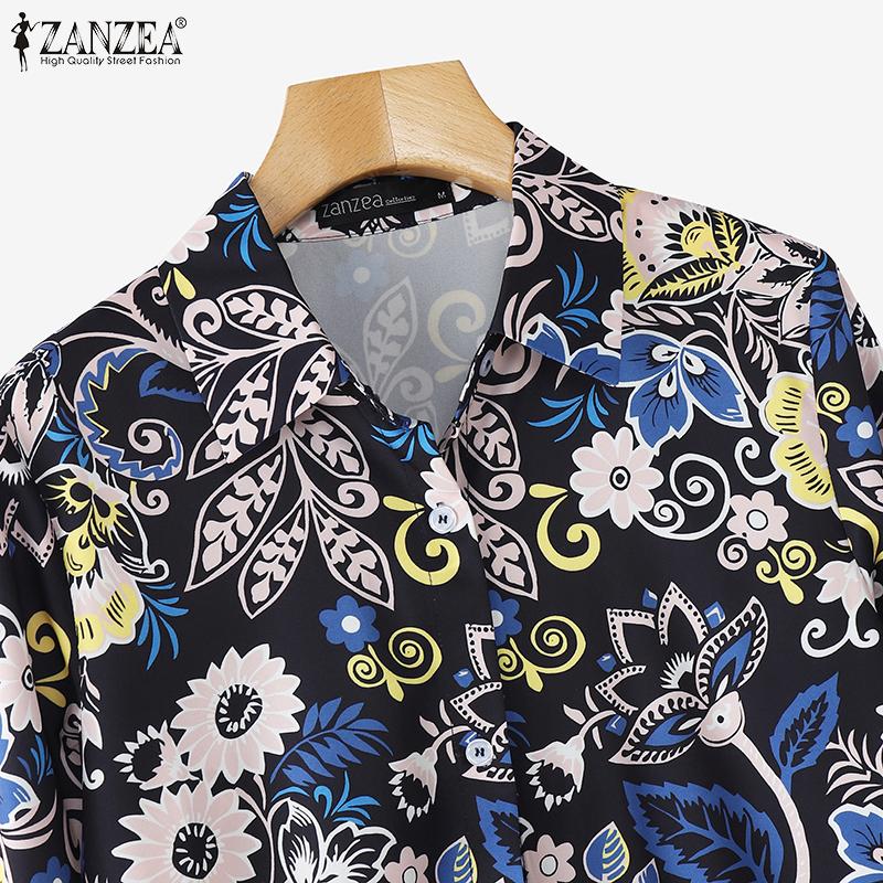 ZANZEA Women Spring Shirt Collar Long Sleeve Printed Shirt Straight Pants Two Piece Sets