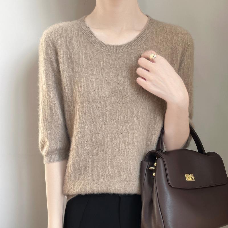 Women's Round Neck Knitwear Spring New Hollow Five-minute Sleeve Loose Pullover Bottoming Shirt Tops