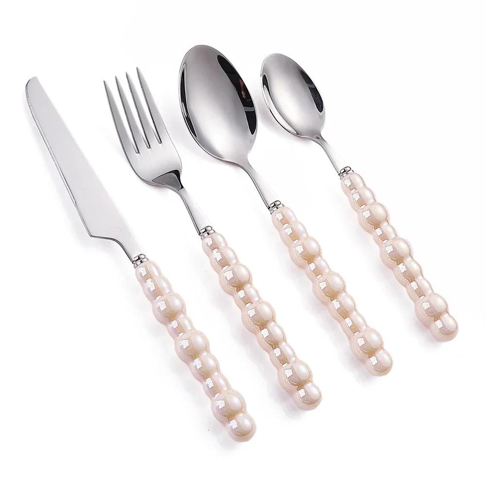 1Pcs Luxury Dinnerware Set Ceramic Pearl Handle Stainless Steel Spoon And Fork Set Western Silver Cutlery High-looking Tableware