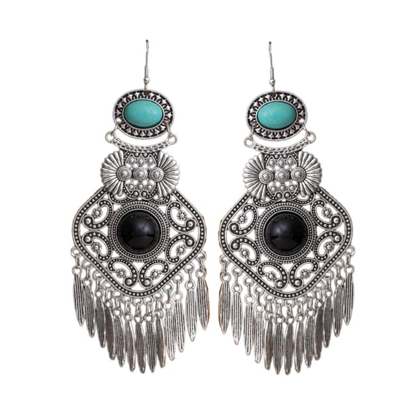 Artisanal Tribal Styles Drop Earrings With Natural Stone Accent Sturdy Alloy Retro Fringe Designs