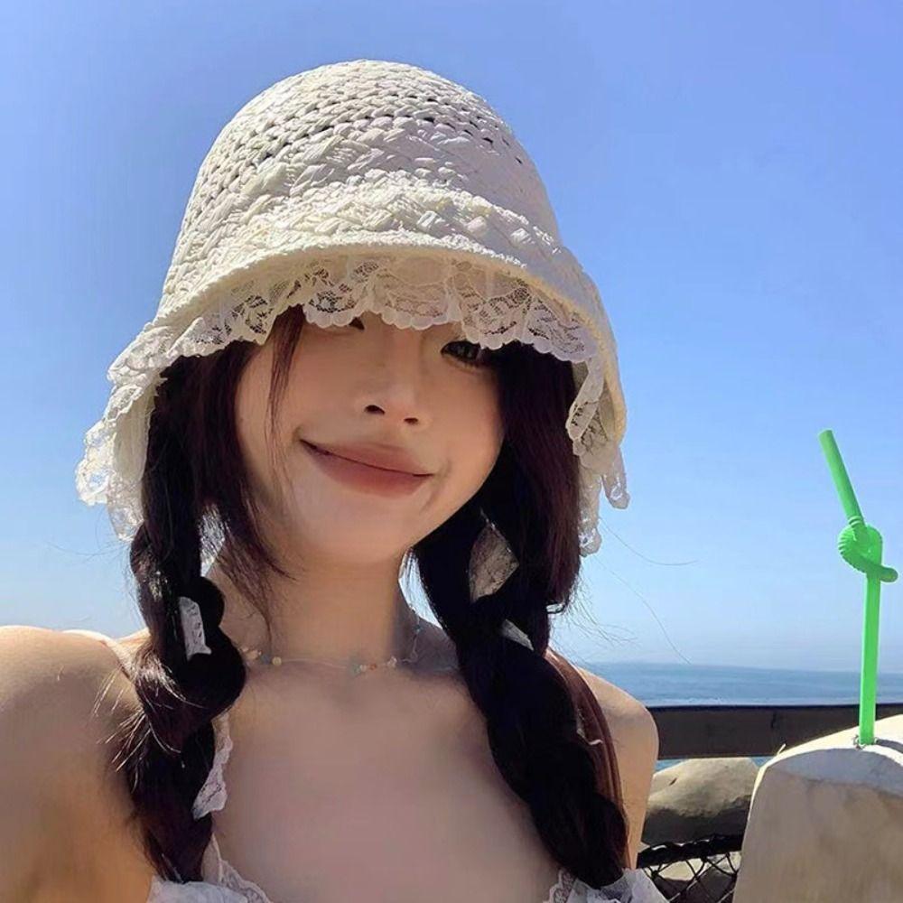New Hollow Straw Lace Hat Foldable Upf 50+ Straw Sun Visors Uv Protect Sun Protection Sun Cap