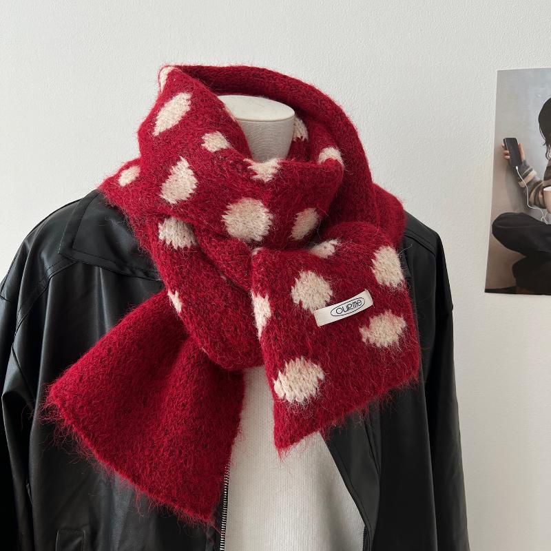 Korean Style Polka Dot Plush Knitted Scarf Soft Thick Color-Block Scarf Thermal Windproof Neck Warmer Scarves