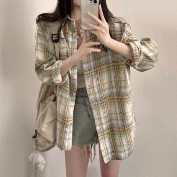 Korean Style Women's Plaid Shirt Top Plaid Shirt Loose and Versatile Thin Shirt Jacket