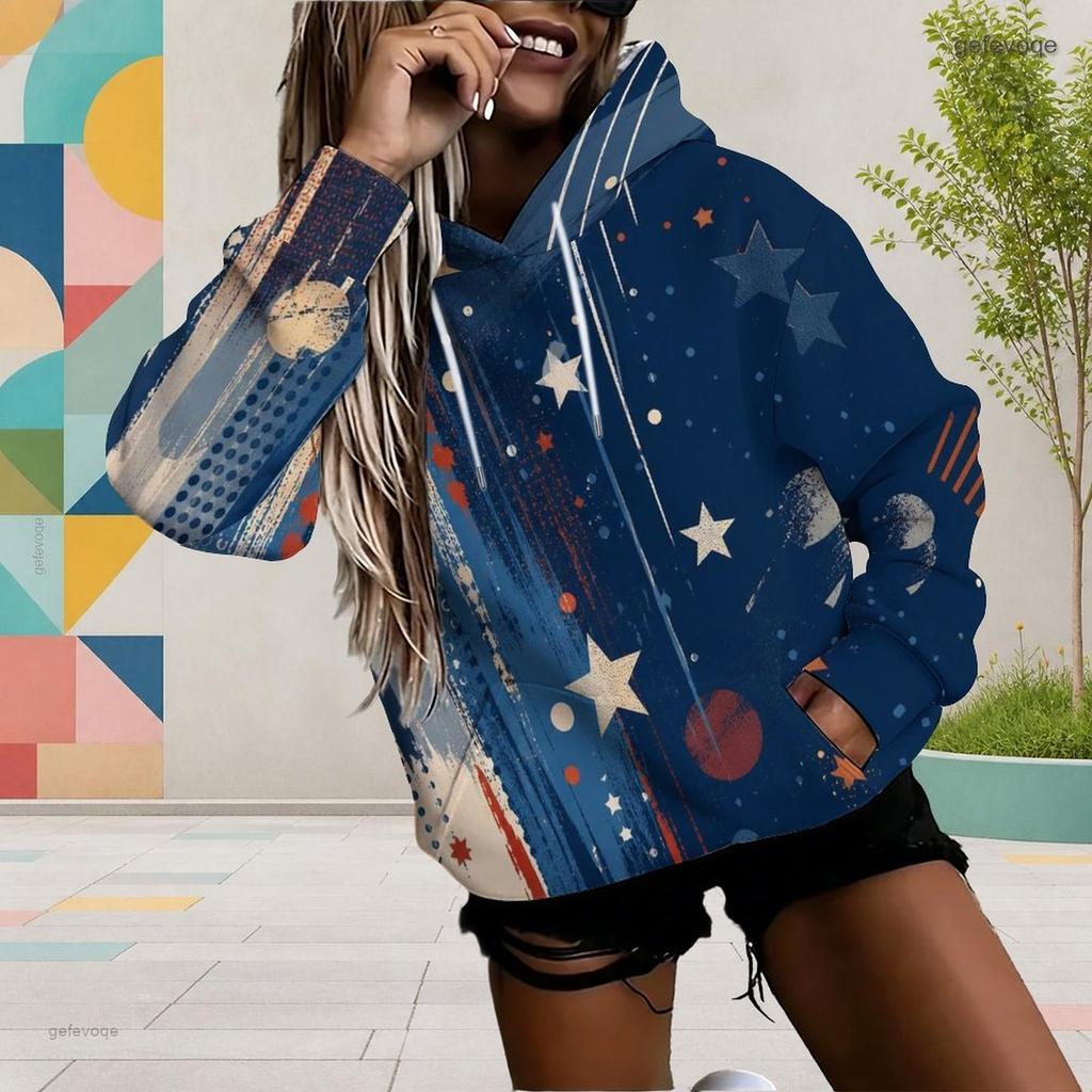 Women Plus Size Blue Star Printed Long Sleeve Drawstring Hood Pullover Hoodie With Kangaroo Pocket