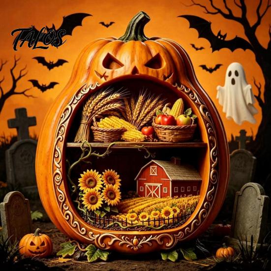 Jack-o'-lantern Table Decorations Halloween Centerpiece Pumpkin, Wooden Pumpkin Ornament with Miniature Scenes, Rustic Ornaments Skeleton for