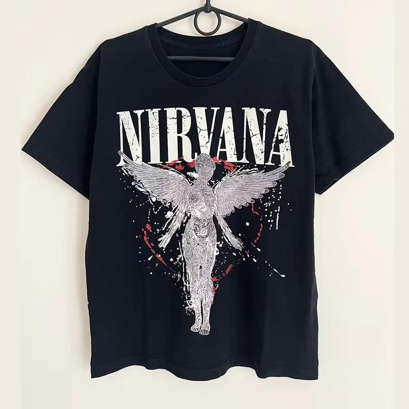 Nevermind Okładka Albumu Czarny NIRVANA Koszulka Zespołu Bawełniana Koszulka Graficzna Unisex Damska Letnia Streetwear