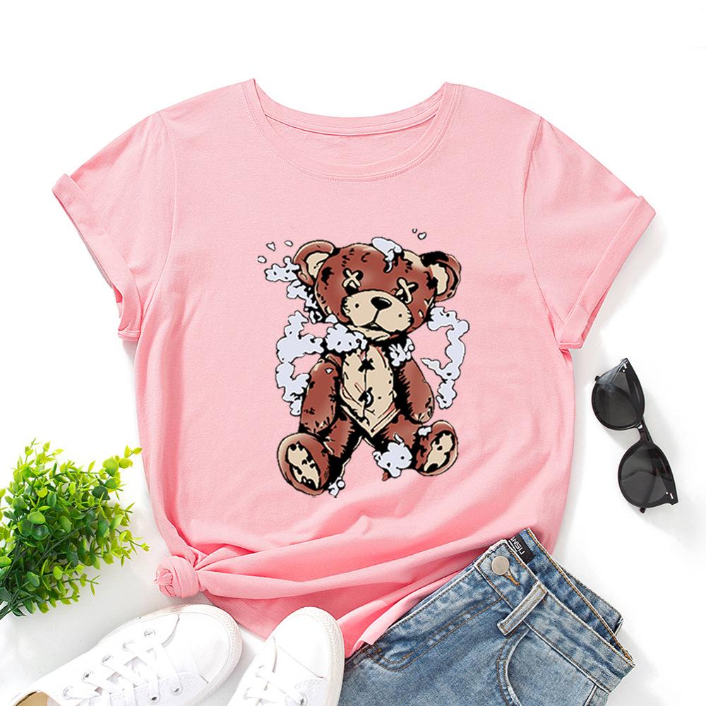 Cartoon Bear Cotton T-Shirt Short Sleeve Soft Tee Round Neck Women 2d Print Tops