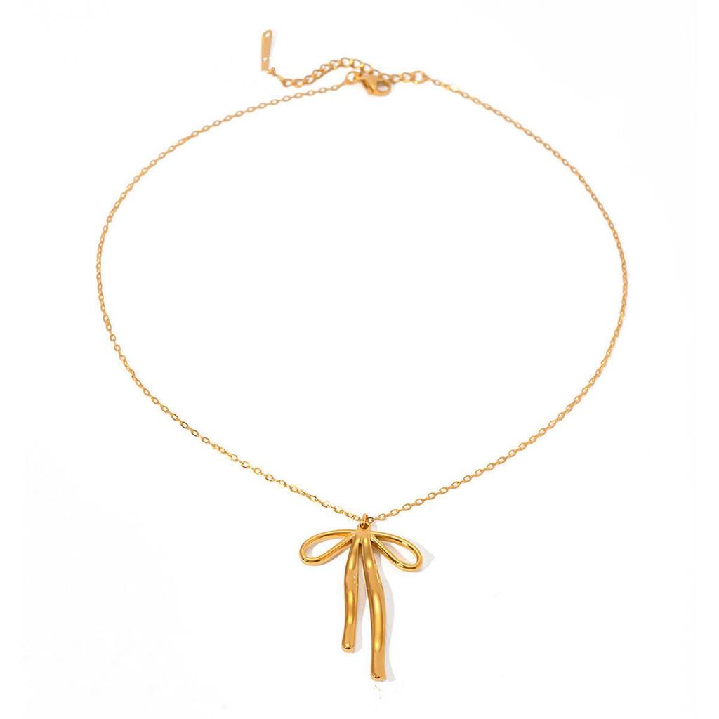 Retro Bow Earring & Necklace Set: 18K Gold Plated Stainless Steel Jewelry