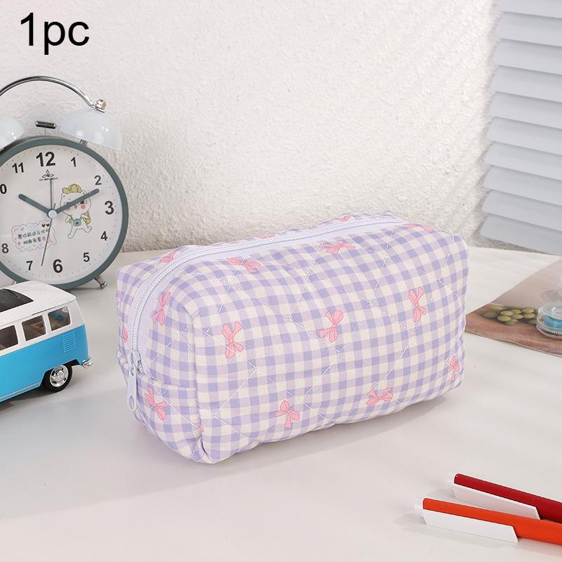 1pc Checkered Pencil Case Pink Bow Pattern Portable Stationery Organizer School Office Desk Essentials Travel Accessories