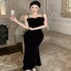 Mao Mao Splicing Collar Velvet Suspender Small Black Dress Socialite High-end Light Luxury Sparkling Waist and Thin Fishtail Dress