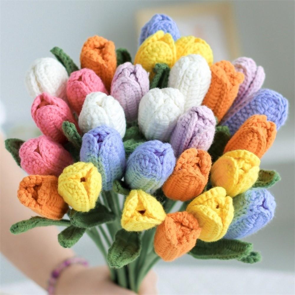 Hand-woven Knitted Tulips Flower Crochet Flowers Fake Flower Plants  Desktop Ornament