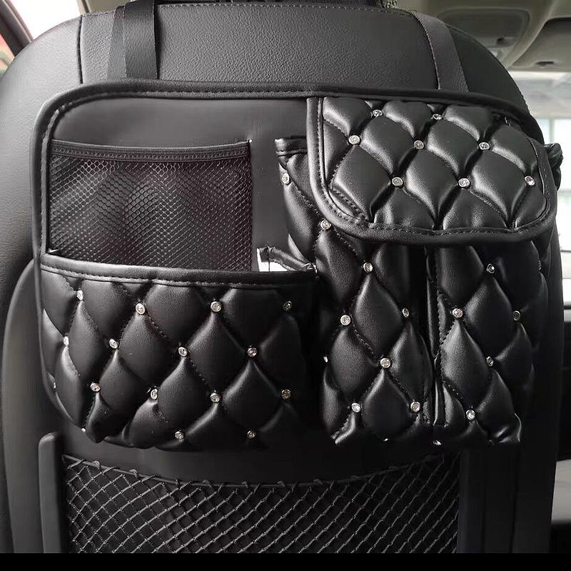 High Quality Rhinestone Puff Leather Car Storage Bag Multifunction Crown Auto Interior Seat Back Organizer Tissue Holder Pocket