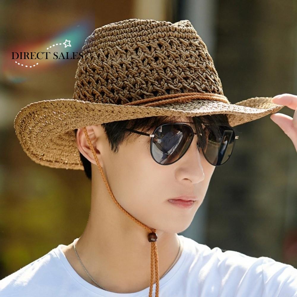 Retro Wide Brim Sunscreen Straw Hat Ethnic Style Hollow Out Western Cowboy Hat Breathable Solid Color Fisherman Hat Fishing