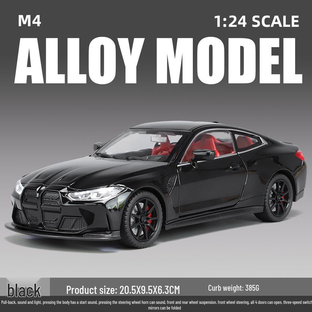 1:24 BMW M4 Diecast Car Model with Shock Absorption, Pull-Back, Steering, Sound, and Light Features.