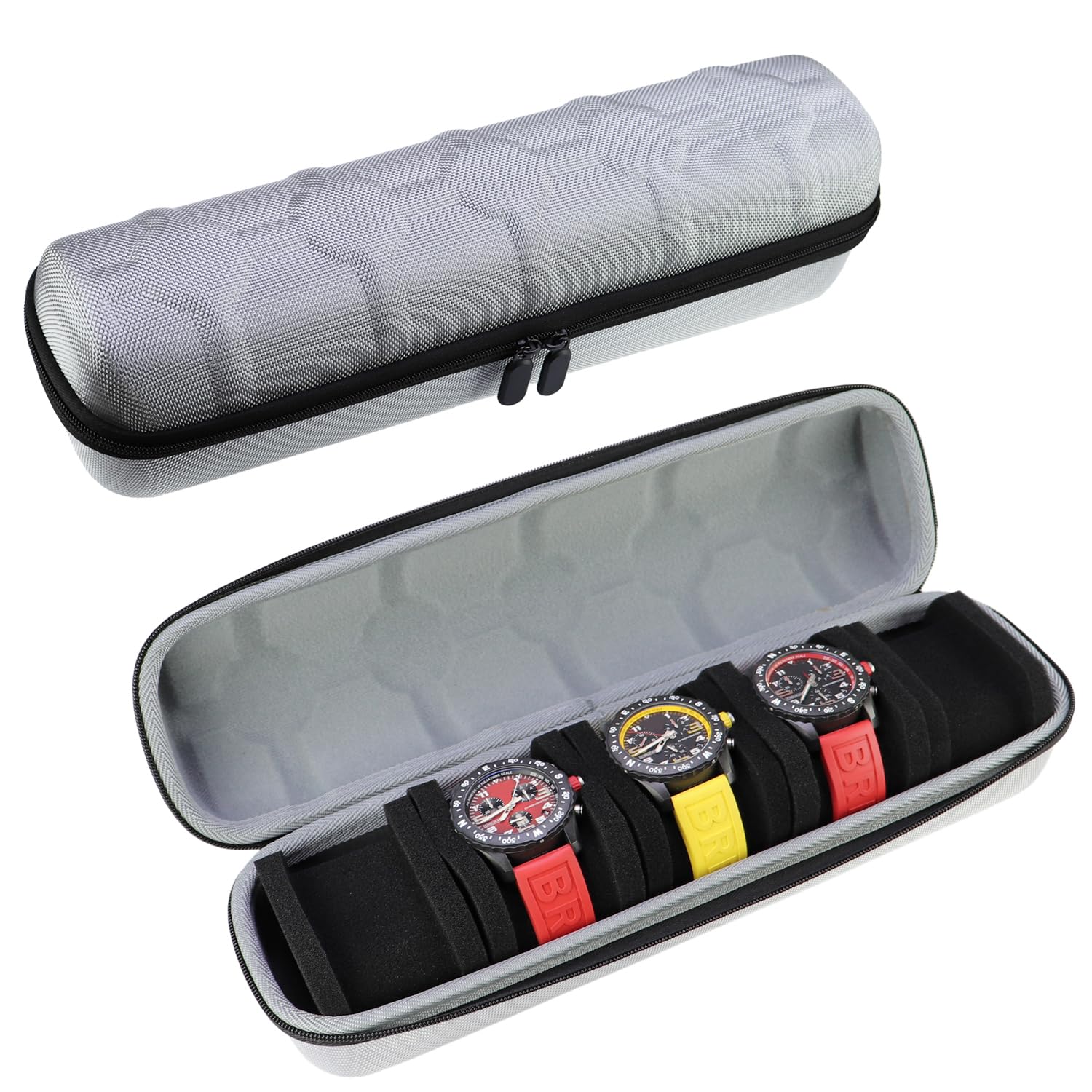 Juntan Watch Case 5 Slot Hard Watch Travel Watch Case, Watch Storage Soft Compressible Foam Pillow Black Men Women Nylon Watch Case Portable Silver