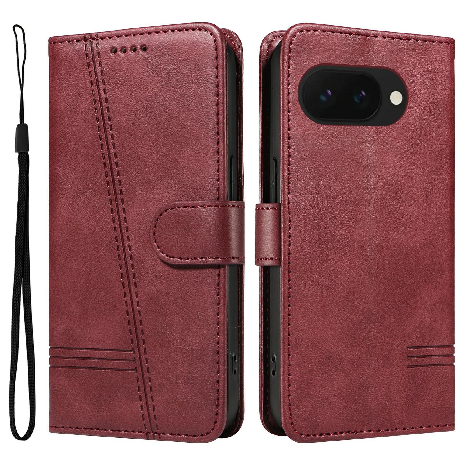 

For Google Pixel 9a Case Flip Wallet T-Shape Lines Leather Phone Cover Wine Red