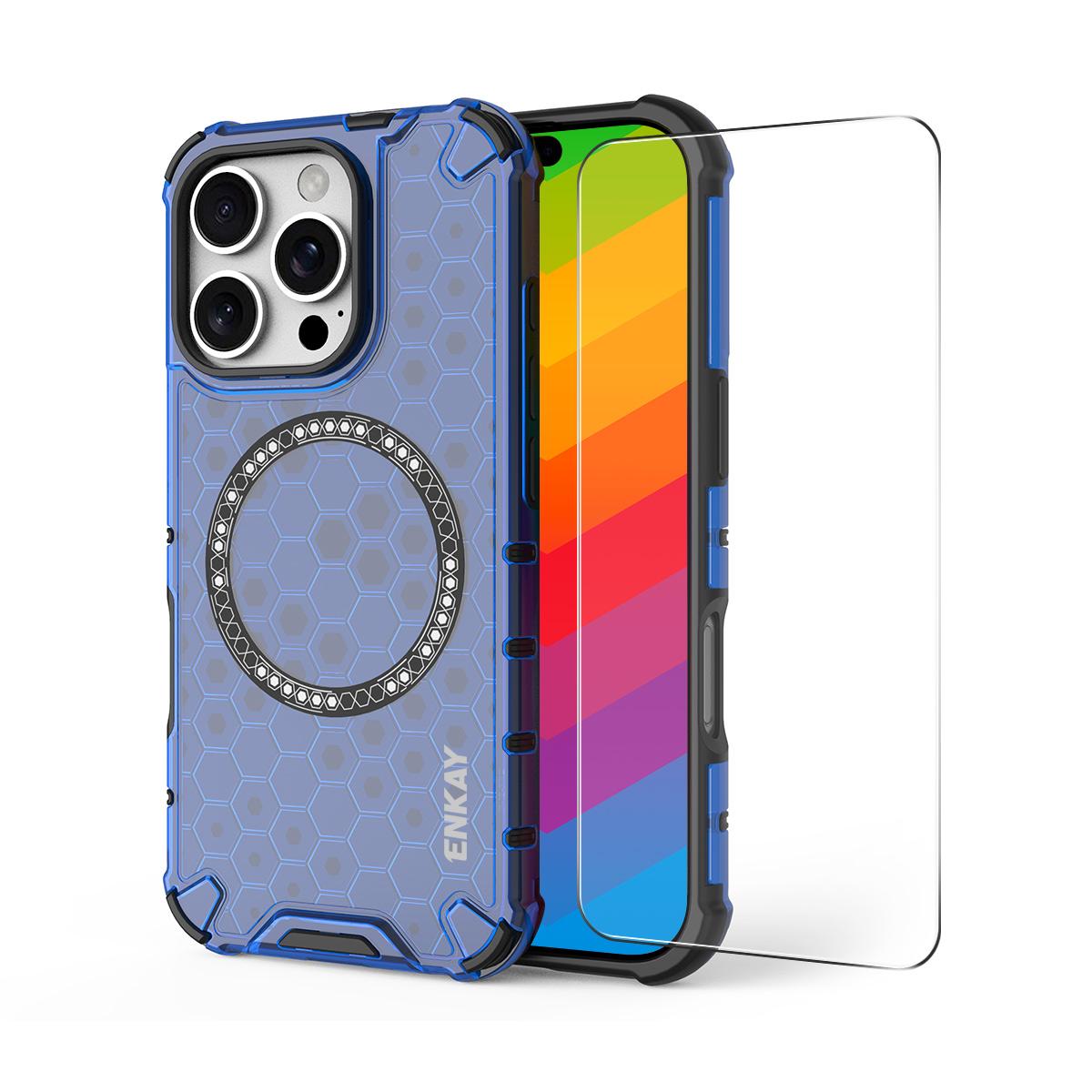 For iPhone 15 Pro ENKAY Hat-Prince Magnetic Case Honeycomb Design TPU+PC Phone Cover + Large Arc Edge Screen Protector D