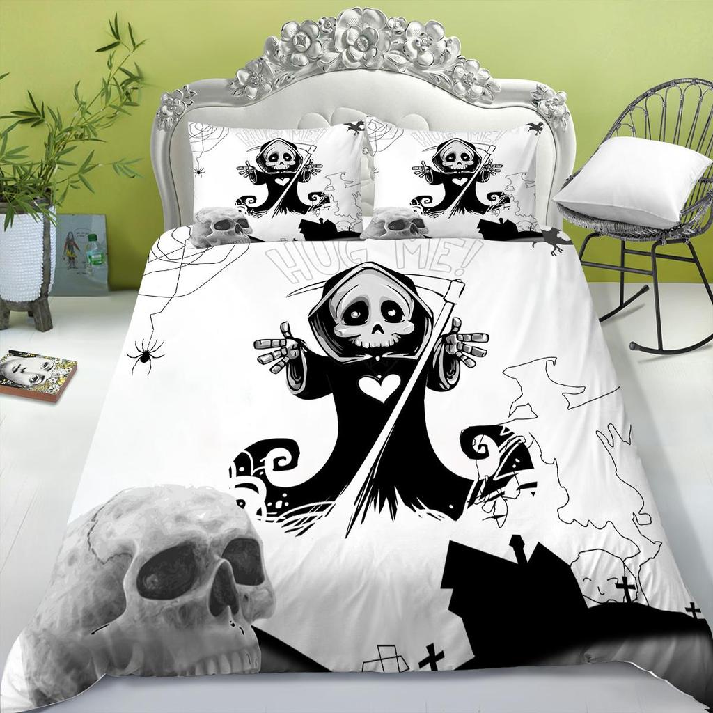 Bedding Set New Bed Cover 3D Skull Head Scary Print Family Bedroom Full Size Quilt Cover and Pillowcase Microfiber