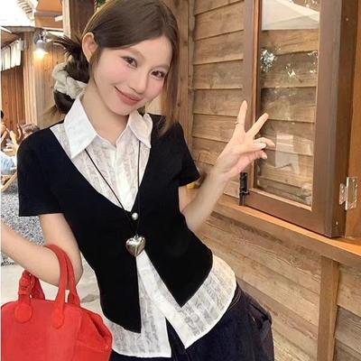 Korean Fake Two-piece Black Polo Collar Short-sleeved Shirt Women's Summer New Front Shoulder Stacked Spice Girl Versatile Top Trendy