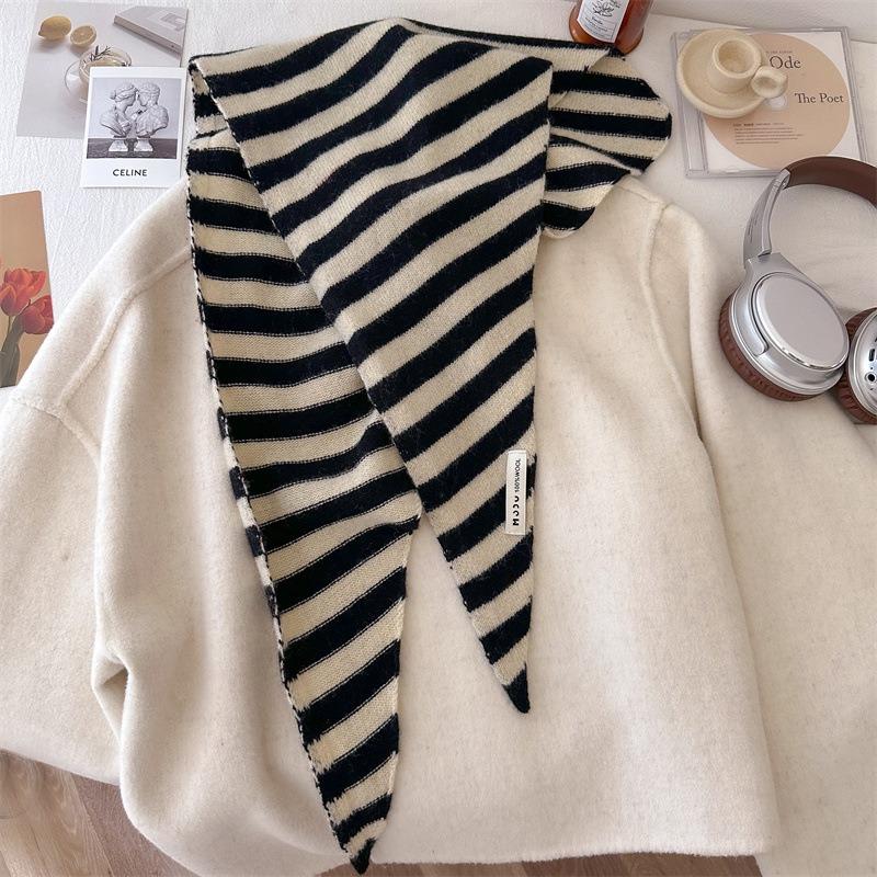 100 wool triangle scarf striped shawl headscarf knitted women's multi-functional small scarf scarf