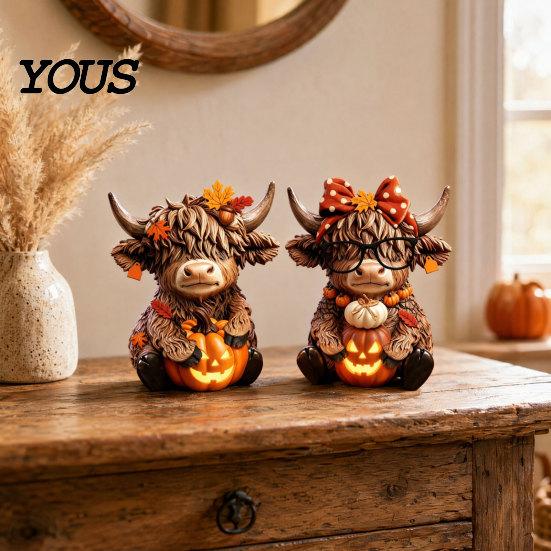 Home Decoration 2PCS Highland Cow Ornament, Wooden Rustic Style Figurine, Thanksgiving Fine Carving Wood Art Theme Art, for Entrance Living Room Decor