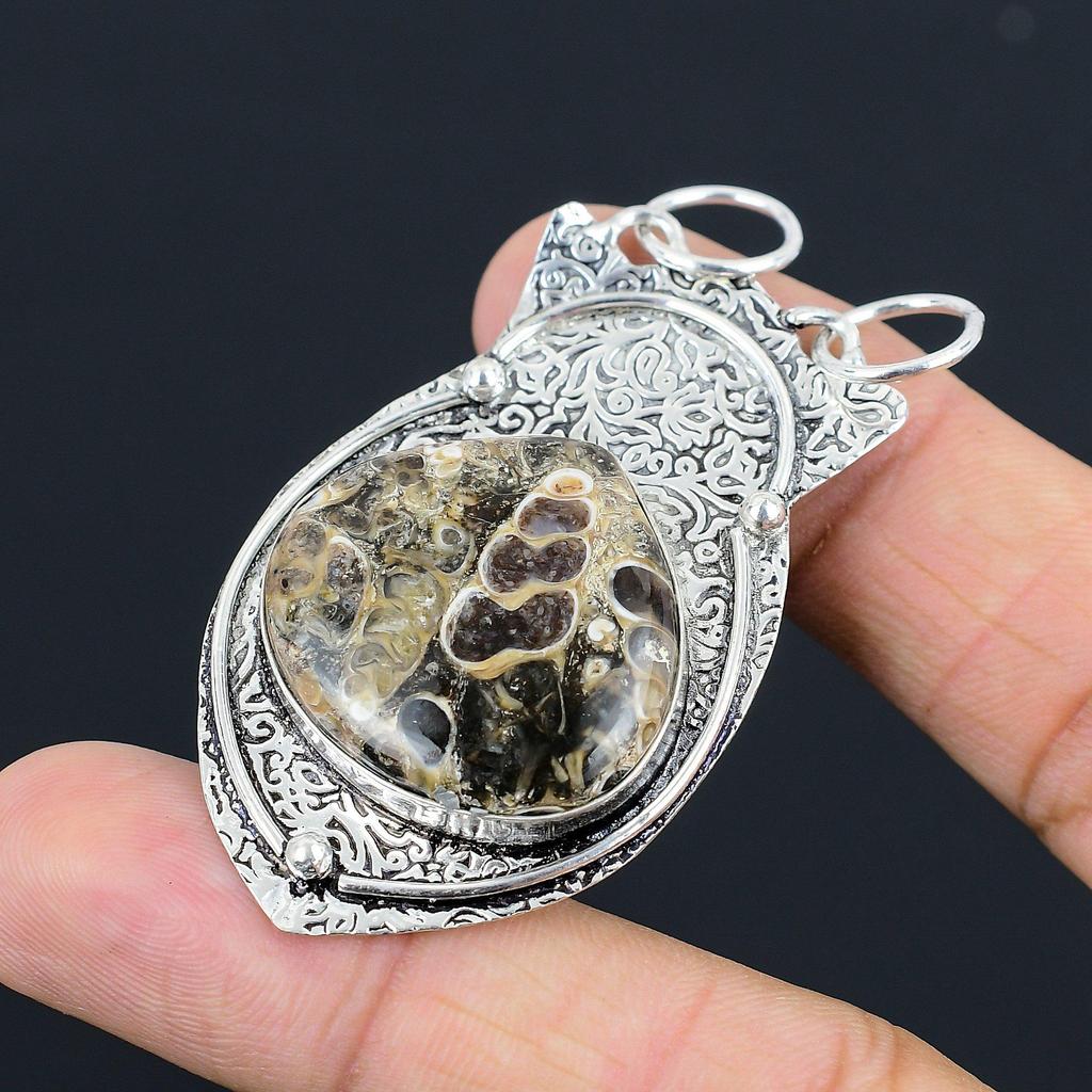 Wedding Gift For Her 925 Silver Natural Turritella Agate Gemstone Pendant