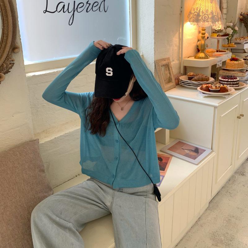 Women Summer Thin Knitted Shirt Top Cardigan V-Neck Full Sleeve Single-breasted Sunscreen Loose Solid Color