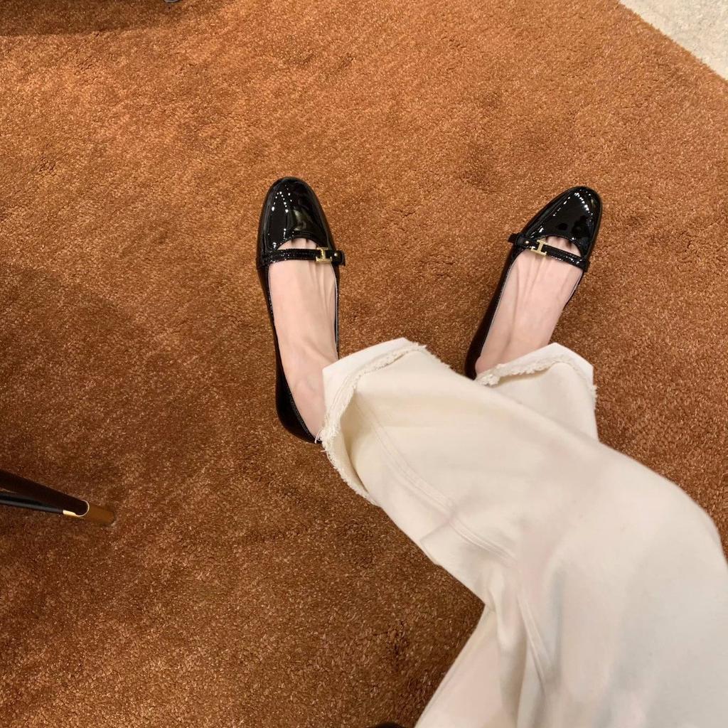 Cowhide version~ Letter small gold buckle genuine leather soft sole Mary Jane single shoes women's round head shallow mouth flat shoes evening 