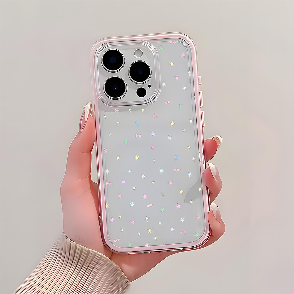 Colorful Star Pattern 2 in 1 Candy Color Clear Phone Case For iPhone 11 12 13 14 15 16 17 Pro Max Plus Air Silicone Soft Cover