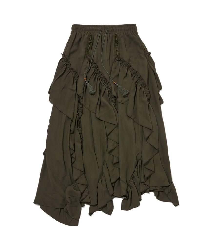 Penfield Boho Chic Diagonal Frill Skirt Olive_Fs2Ws88F