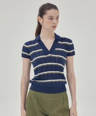 THEKNITCOMPANY Orea Stripe Polo Shirt - Cavern Navy