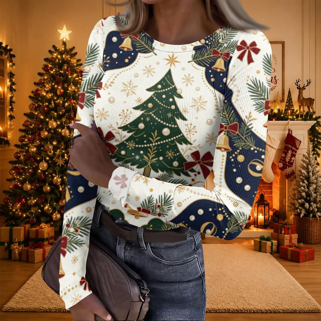 Women's Casual Long Sleeve Christmas Print Neck Ribbed Knit Top