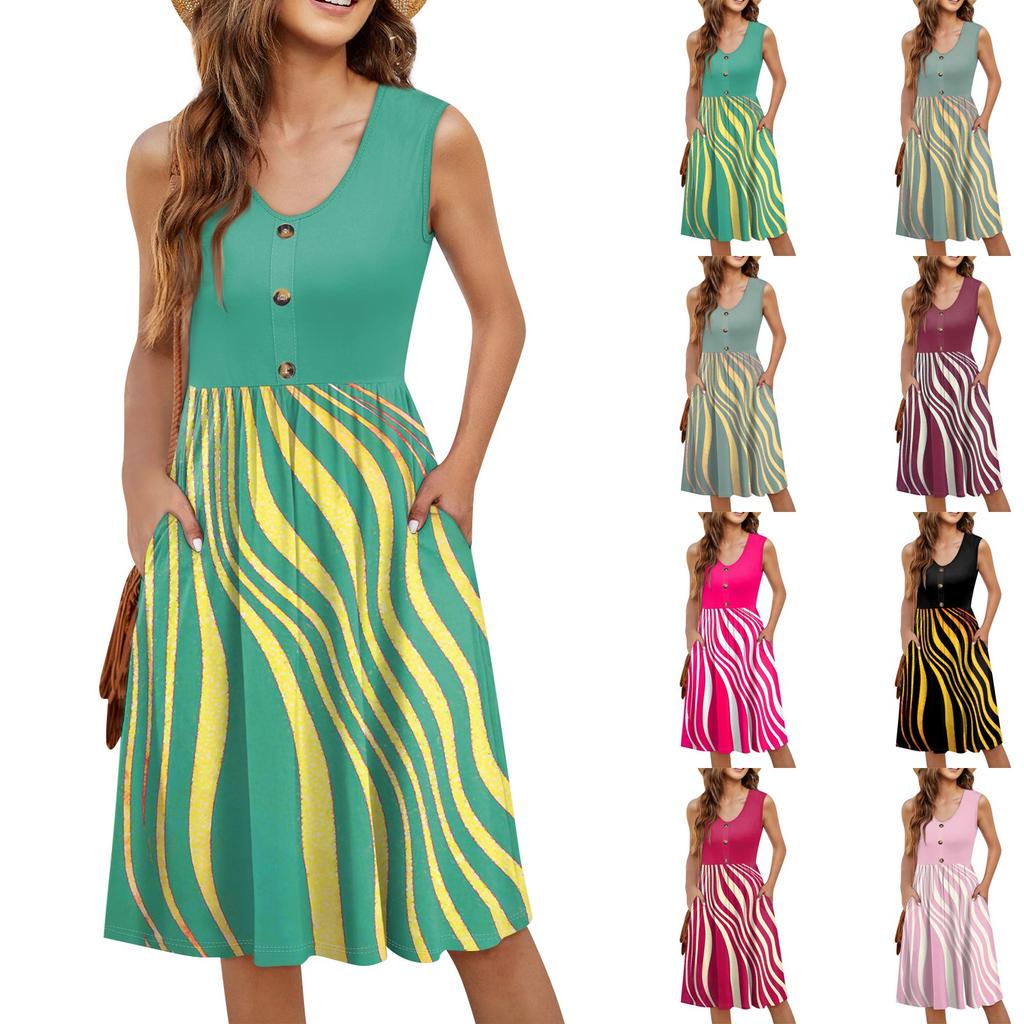 Women's Sleeveless Casual Vacation Loose Swing Geometric Button Midi Dress With Pockets