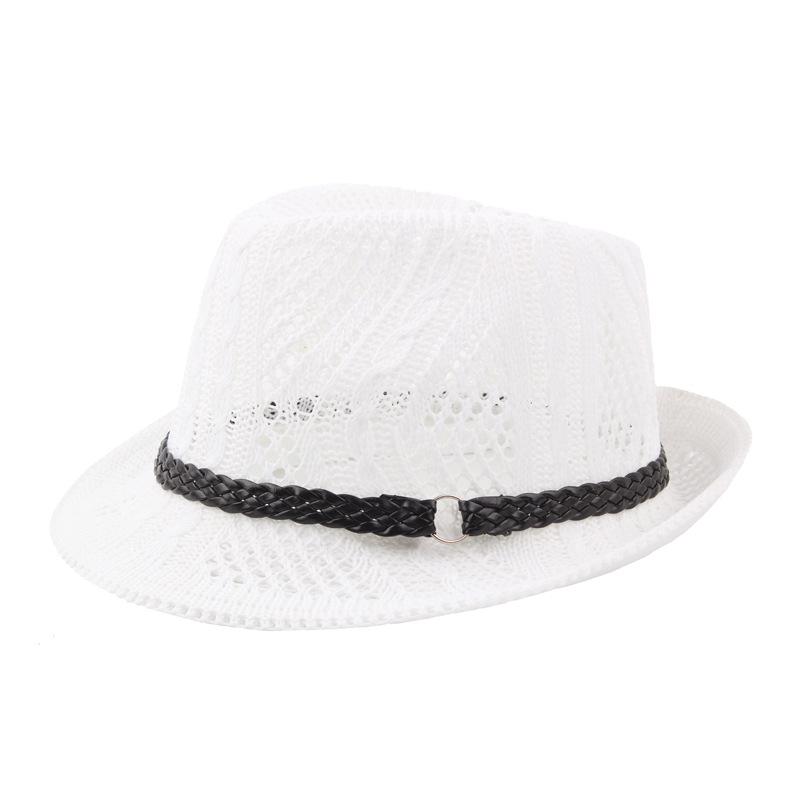 Summer Women's Knitted Mesh Breathable Curled Jazz Hat Leather Belt Panama Hat
